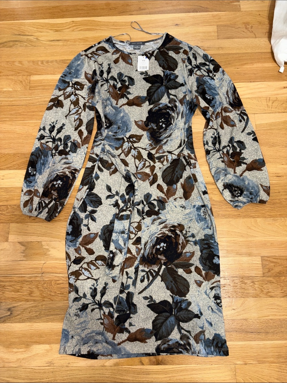 Floral Knit Long-Sleeve Sheath Dress in Blue and Brown